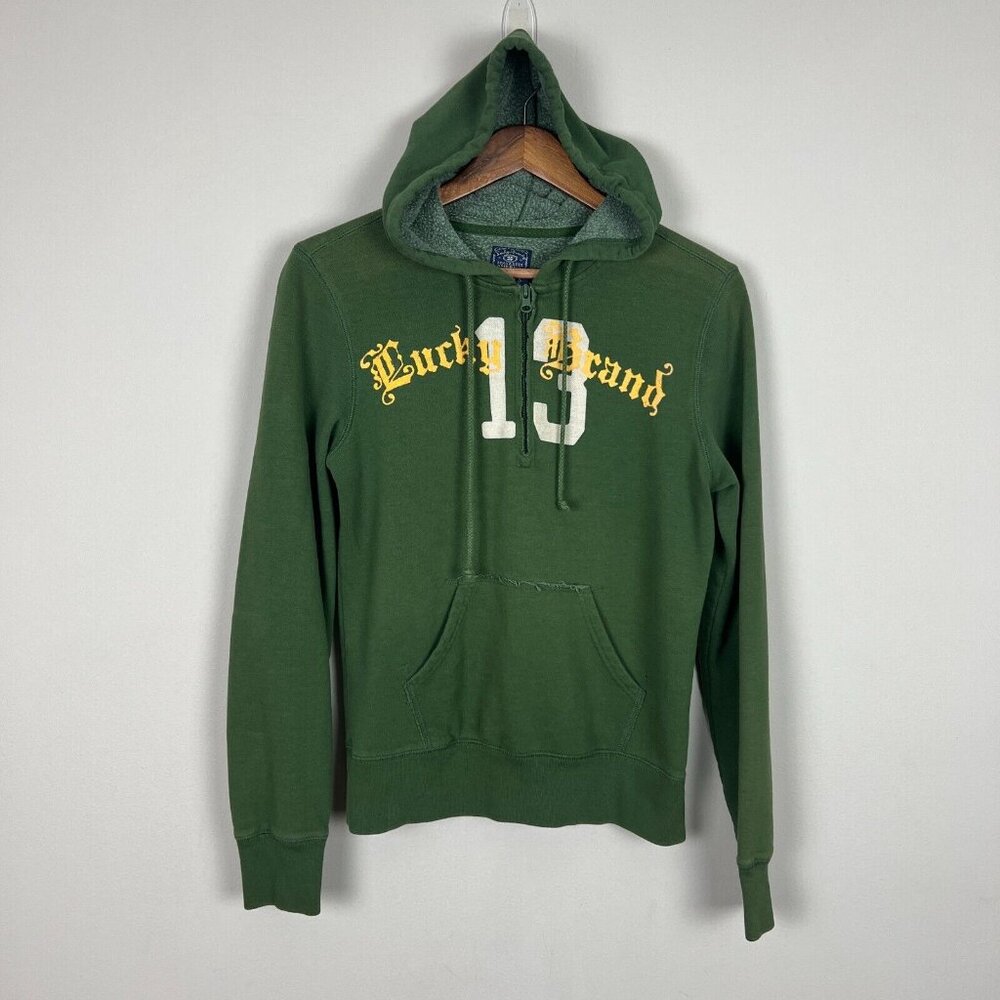 Vintage‎ Lucky Brand Hoodie Sweatshirt Womens Medium Green 1/4 Zip 13 Distressed